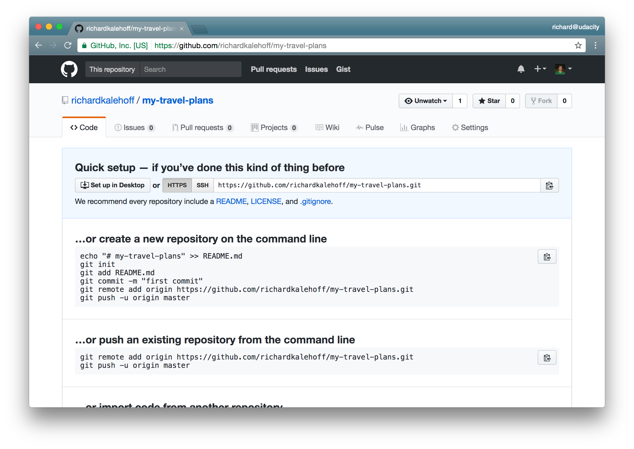 _The remote repository doesn't contain any commits, so GitHub displays the repository's setup screen._